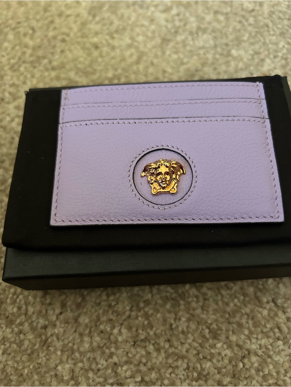 Versace Lilac Leather Card Holder with Gold Medusa Accent